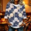 Women's Halloween Printed Hoodie Loose Fit Three-Quarter Sleeve Casual Top