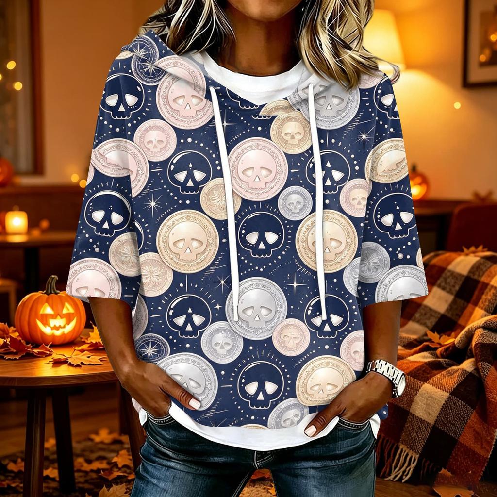 Women's Halloween Printed Hoodie Loose Fit Three-Quarter Sleeve Casual Top