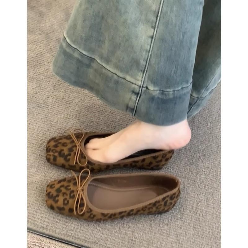 Cowhide version~ genuine leather French retro bow leopard print light mouth ballet single shoes women's one-pedal grandma shoes ladyshoes