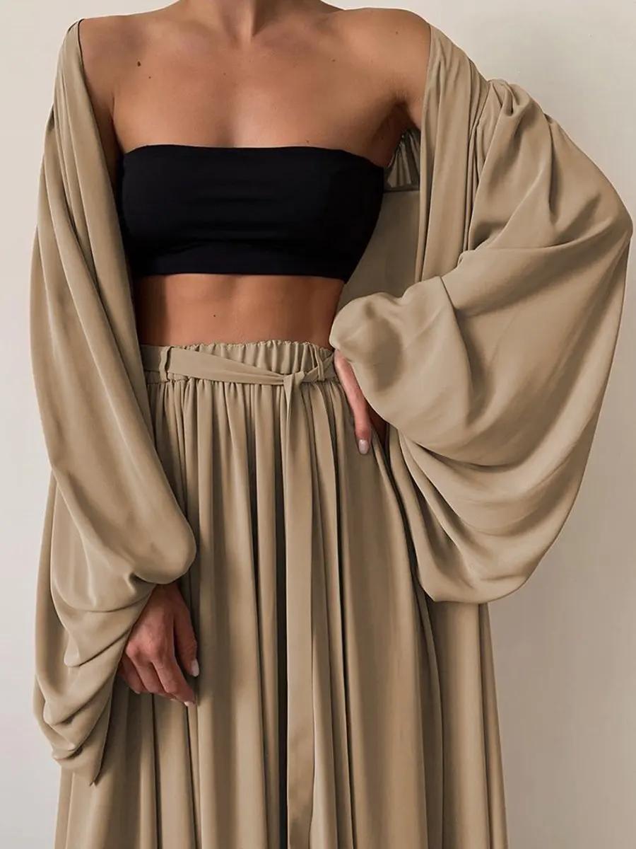 

Spring Summer Women s 3pcs Suit Sexy Puff Sleeve Jacket Ladies Temperamental Commute Wide Leg Trousers Fashion Sets 2025 New XS