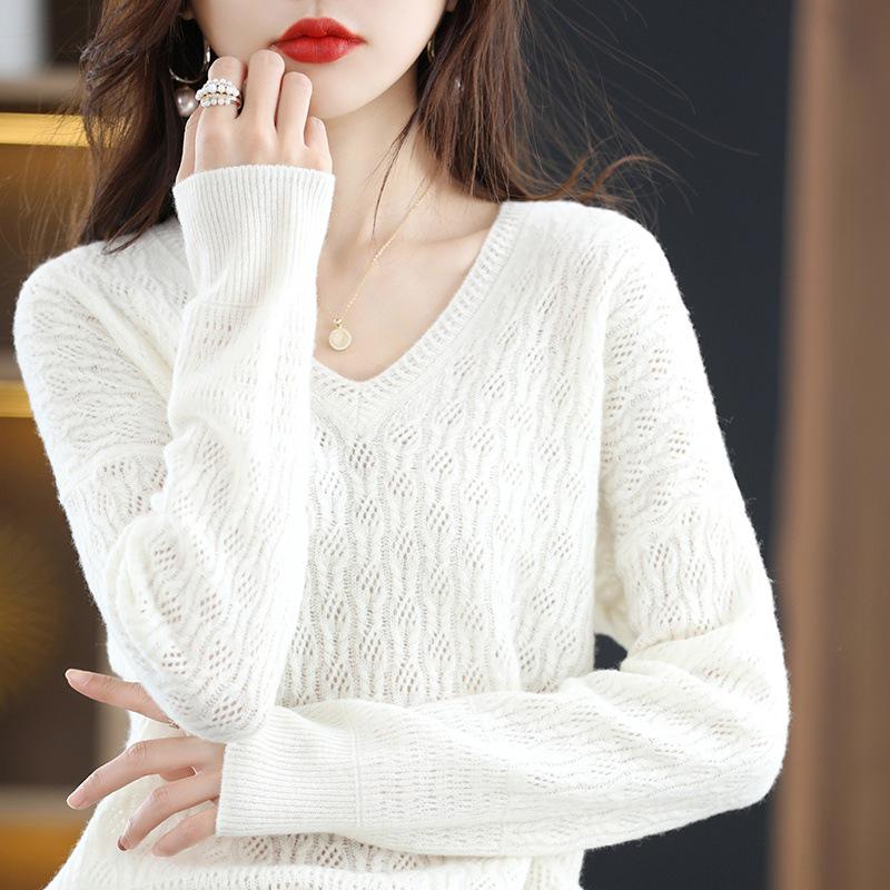 Women's Cashmere Loose Knit Sweater V2023 - Hollow-Out Pullover with Pure Wool Collar