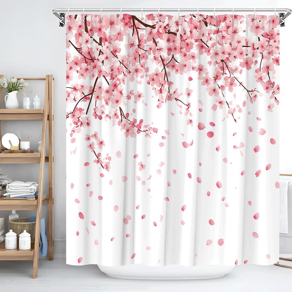 Japanese Cherry Blossom Shower Curtain Pink Floral Plum Blossom Flower Twig Weeping Falling Petals Romantic Spring Asian Garden