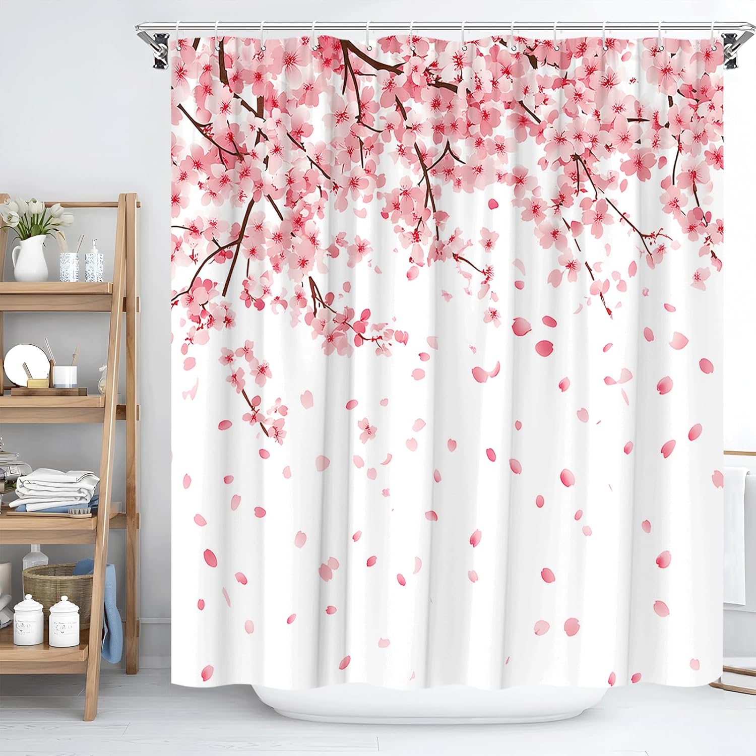 Tonnika Chen Pink Japanese Cherry Blossom Shower Curtain Floral Plum Flower Twig Weeping Falling Petals Romantic Spring Asian Garden Polyester