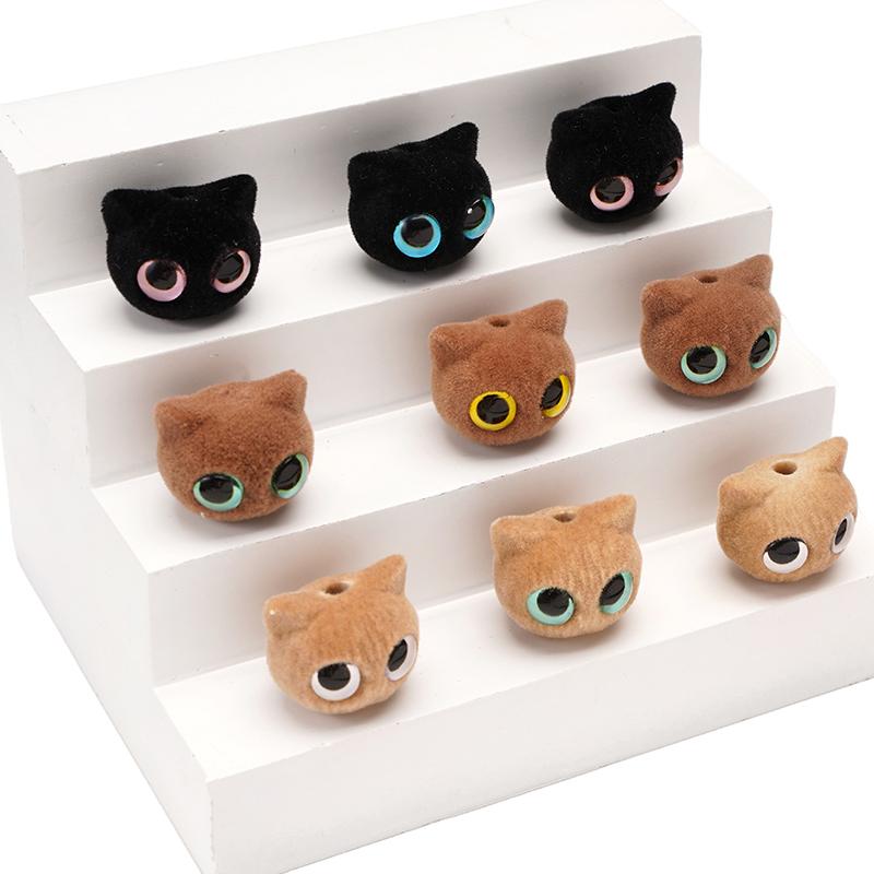 Resin Flocking Beads Cute Cat Head Beads for DIY Bracelet Earring Jewelry Making Accessories