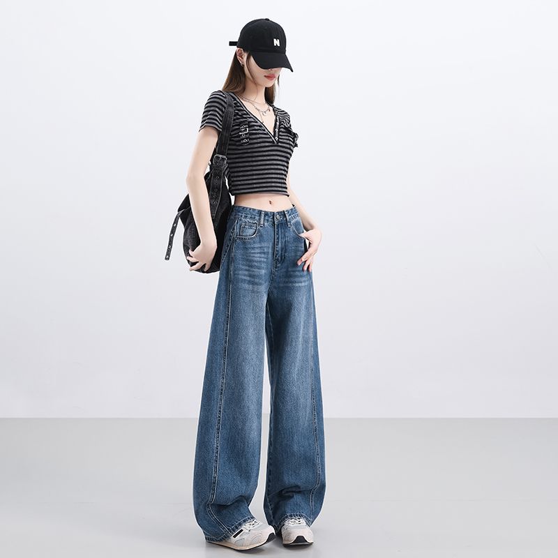 Spring Summer Vintage High Waist Relaxed Floor Drape Saber Cut Trendy Wide Leg Denim Pants Ladies Casual Pants Oversize Denim Trousers