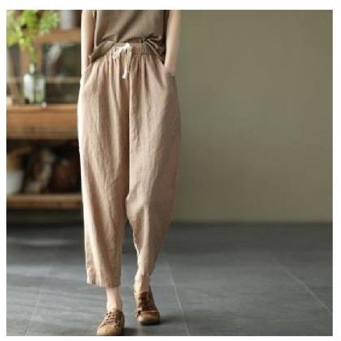 Solid Color Cotton and Linen Pants for Woman Vintage Loose Streetwear Harem Trousers Female Casual High Waist Drawstring Pants