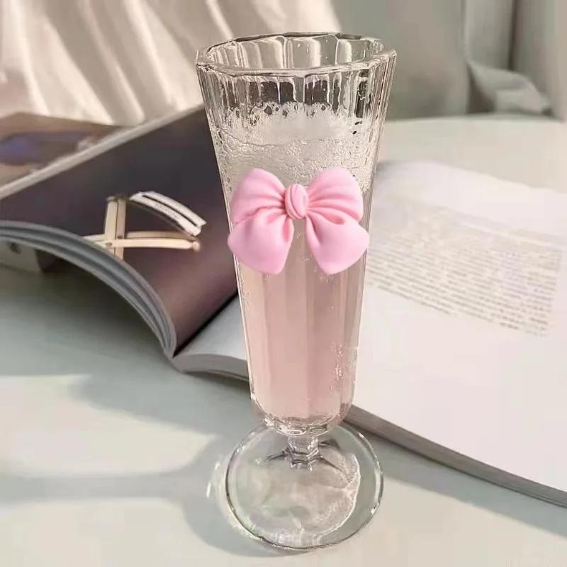 Pink Bow Shaped Tall Glasses Glass Horns Champagne Fruit Wine Glasses, Fruit Juice , Coffee Cups, High Aesthetic Value