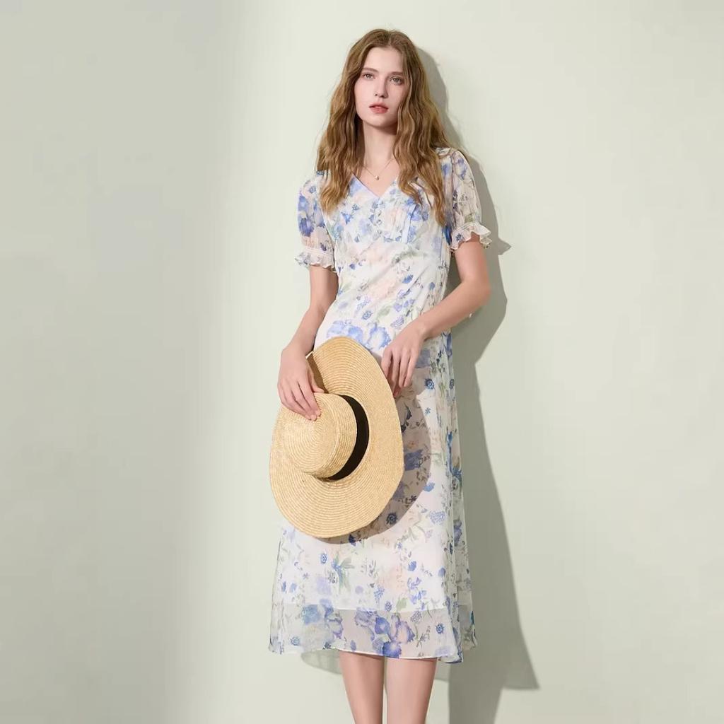 Fashion French medium and long dress New floral romantic commute light and familiar style blue dress in summer
