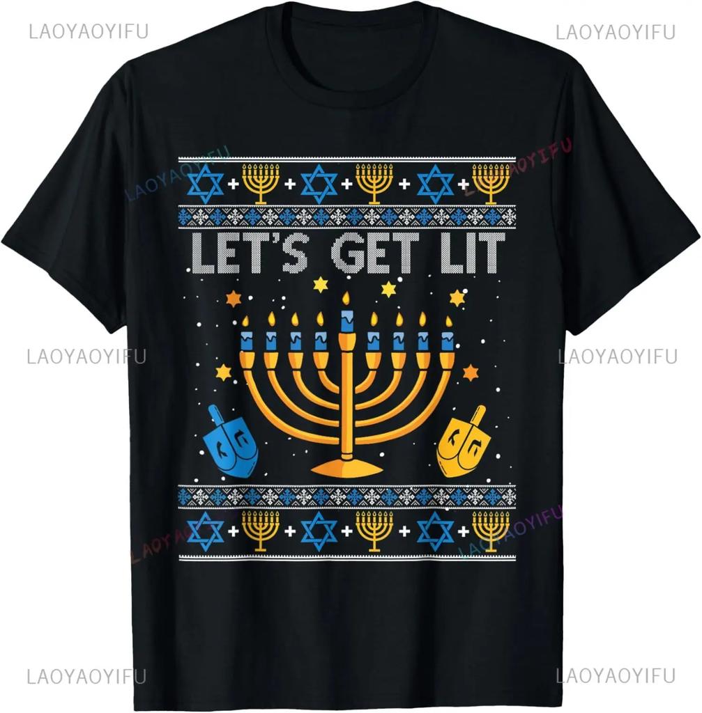 Funny Ugly Hanukkah Lets Get Lit Unisexorah Jewish Chanukah Unisex T Shirt High Quality Cotton Printed TShirt Ancient Festival Tops