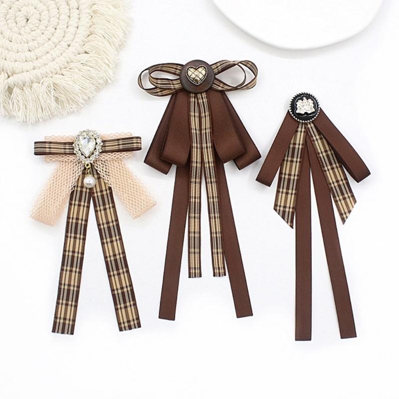 Fiocchi di Nastro Scozzesi Marroni Vintage Spilla Spilla da Cravatta per Donna Ragazza Uniforme Preppy Giapponese Papillon Precannodato Corsage Cravatta