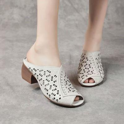Women's Real Leather Hollow Out Peep Toe Slippers Summer New Block Heel Soft Sole Breathable Retro Outdoor Slippers Sandals