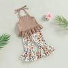 TheFound Baby Girl Summer Outfit Rainbow Print Halter Top Ribbed Bell Bottoms Pink Pant 2Pcs Clothes