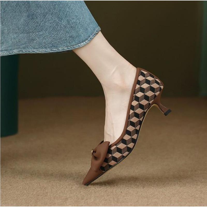 Women's Fashion Chic Plaid Glod Metal Flats Shoes New Low Heel Women Bow Knot Toe Pointed Toes Slip on Shoe Female Party Dress