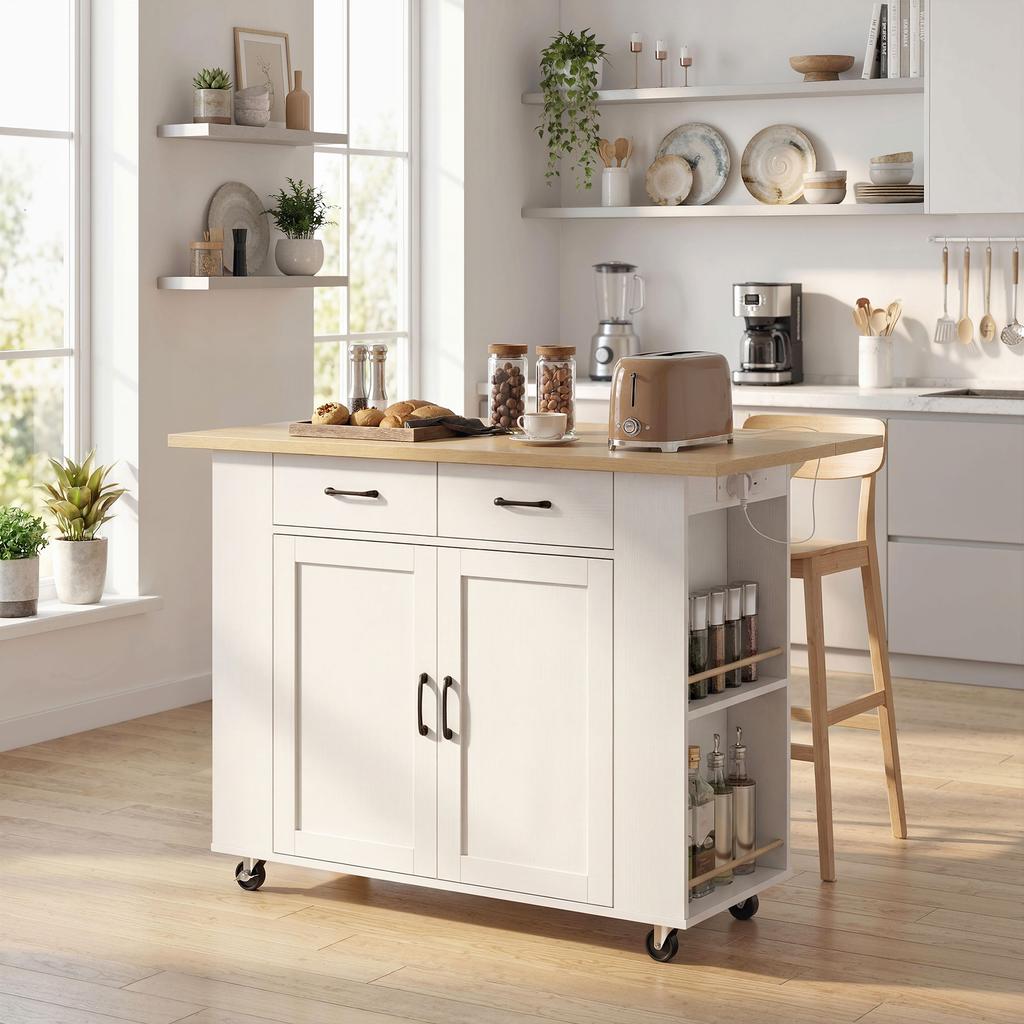 Isola Cucina con Stazione di Ricarica, Carrello da Cucina su Ruote con Piano di Lavoro Pieghevole, 2 Cassetti, Bianco