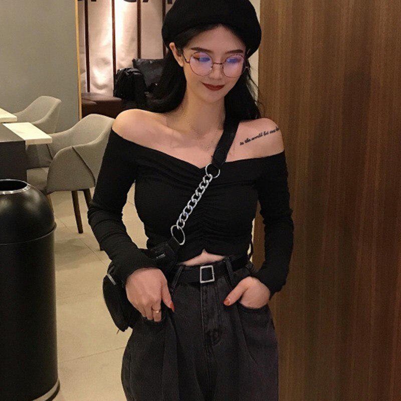 T Shirt Women Sexy Off Shoulder Korean Female T-shirt Slash Neck Long Sleeve Crop Tops Clubwear Summer