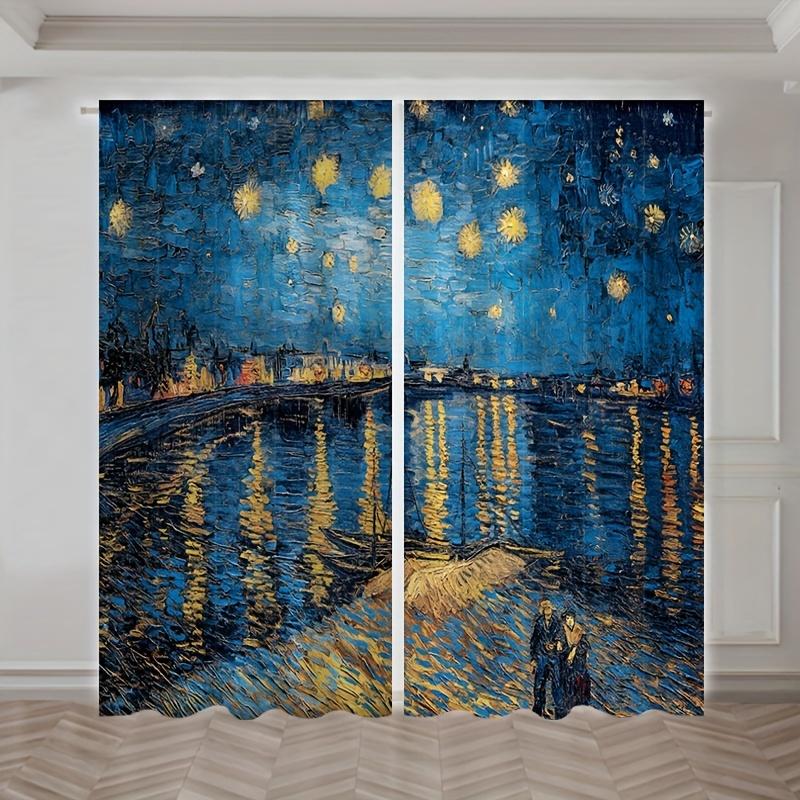 2pcs Van Gogh Starry Sky OilPainting Print Curtains Rod Pocket Curtain For Living Room Bedroom Office Kitchen Study Home Decor