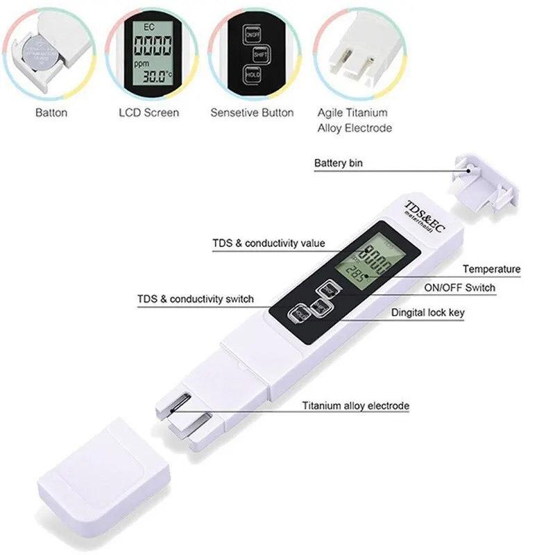 TDS Pen EC Conductivity Tester Household Water Quality Test Pen Large Screen Display Meter Range 0 To 9990 for Travel Outdoor
