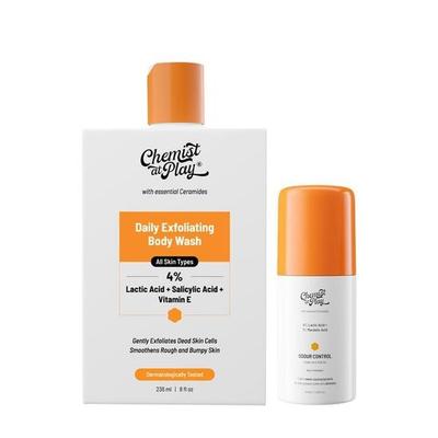 Chemist At Play Peeling Vücut Yıkama Jeli + Koltuk Altı Roll-On, Aqua Kokusu | Kuru, Pürüzlü, Pütürlü Cildi Önler| Erkekler & Kadınlar İçin | 236ml + 40ml