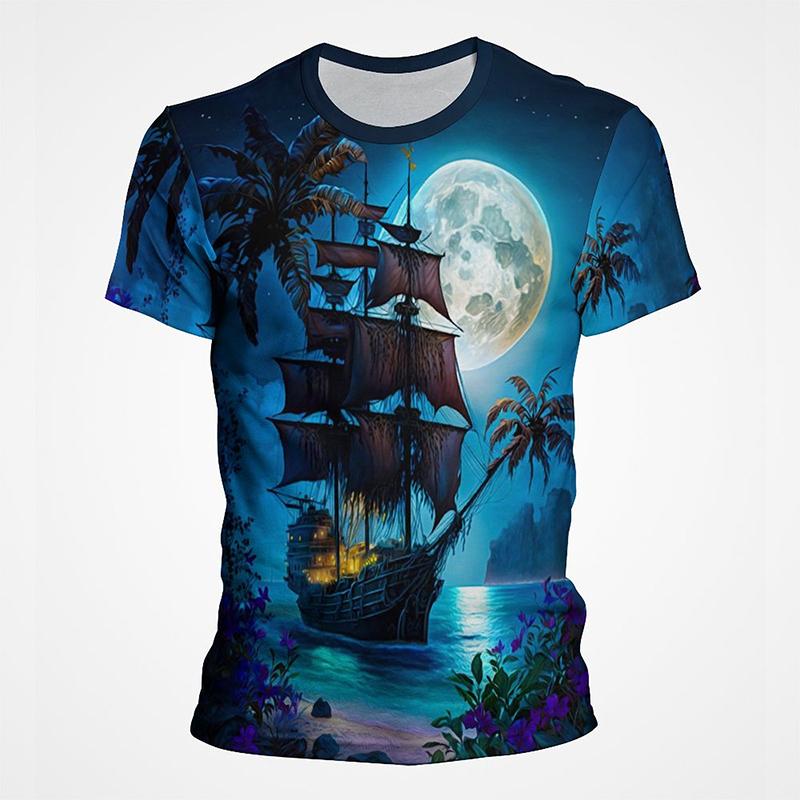 Segelboot Piratenschiff Grafik T-Shirts Herren 3D-Druck Kurzarm Tee Tops Lässig Herren Übergröße Streetwear T-Shirt Ropa Hombre