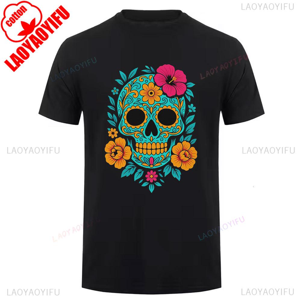 Round Neck Breathable Mexican Skull Cotton Summer Shirt Unisex Retro Sugar Skull Graphic Launched Casual Men Tshirt Clothing S