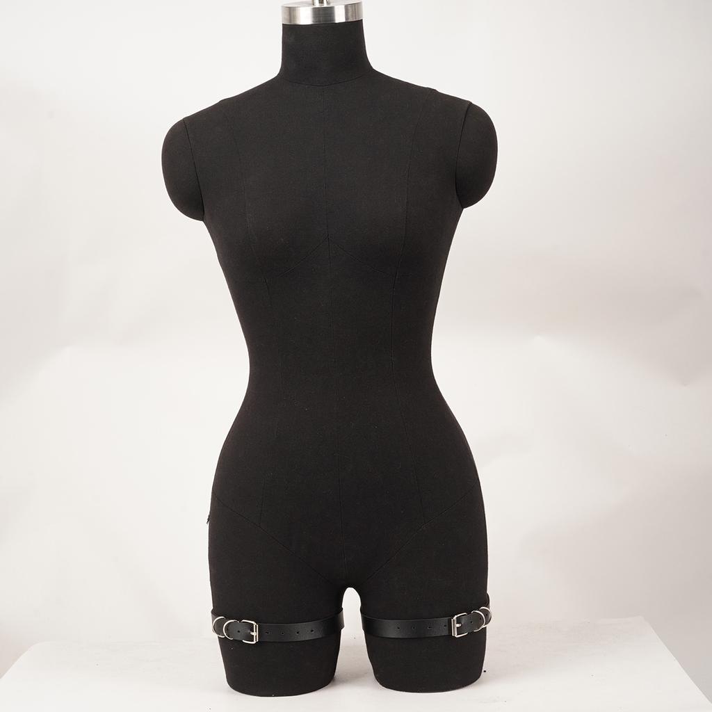 Trendy Thigh Garter Set - Black Leather Leg Bands with Adjustable Buckles & Metal Ring Detail