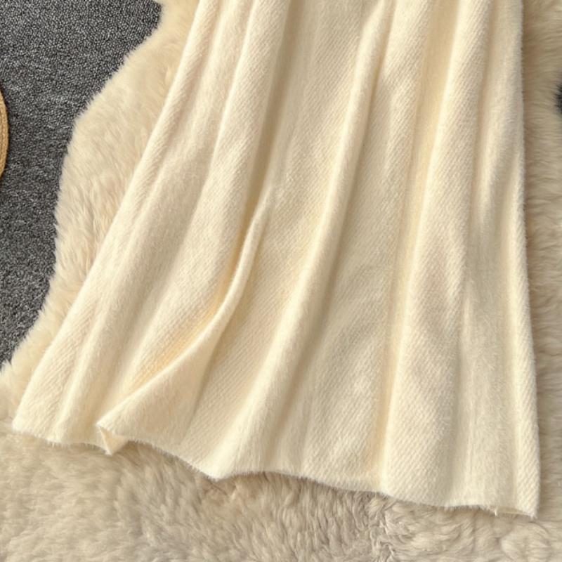 Autumn Winter Women Elegant Furry Knitted Long Midi High Waist A-line Skirt