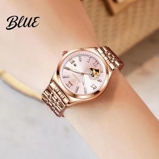 Round Dial Women Rhinestone Dress Steel Strap Luminous Stainless Watch Waterproof Calendar Display Wristwatch Fashion