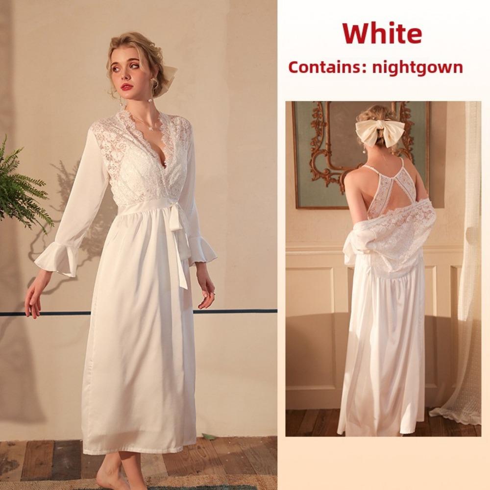 Satin Pajamas Women's Sexy Lace Light Luxury Long-sleeved Cool Nightgown Bathrobe Loungewear
