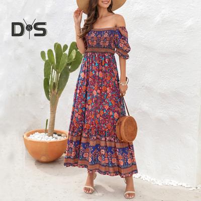 Women's Boho Maxi Dress Summer Casual Floral Print Flowy Dresses Puff Short Sleeve Square Neck Midi Dress for Beach Party Wedding