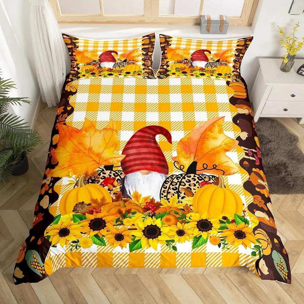 Thanksgiving Pumpkin Duvet Cover Set Maple Leaves Bedding Sets Truck Sunflower Comforter Cover Autumn Harvest Farmhouse Decor