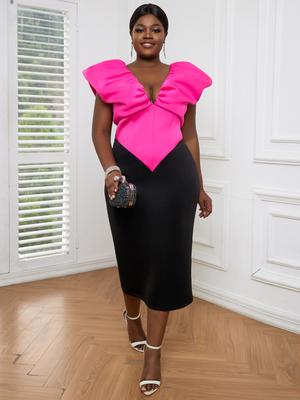 Sexy Deep V Neck Party Dresses for Women Patchwork Cloak Sleeves Bodycon Ruffles Knee Length Night Club Evening Event Outfits Summer