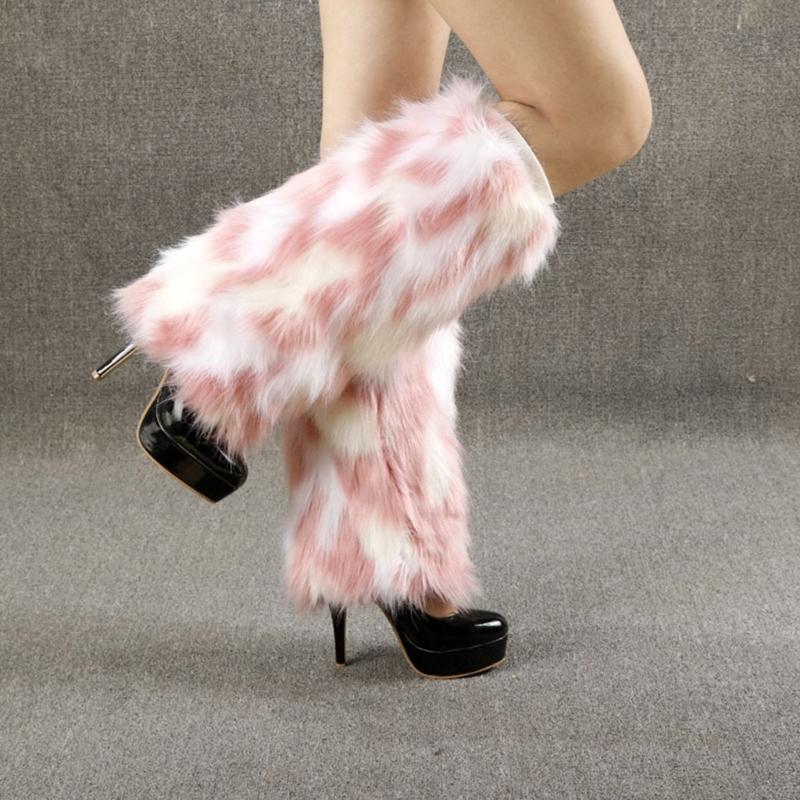 Women Harajuku Furry Leg Warmer Fall Winter Gothic Colorblock Dots Faux Fur Plush Boot Cover Cuffs Cosplay Fuzzy Socks