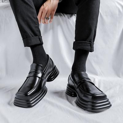 Loafers Men'S Spring And Autumn Thick-Soled Retro British Small Leather Shoes Square Head Thick Heel One Pedal 85755-R
