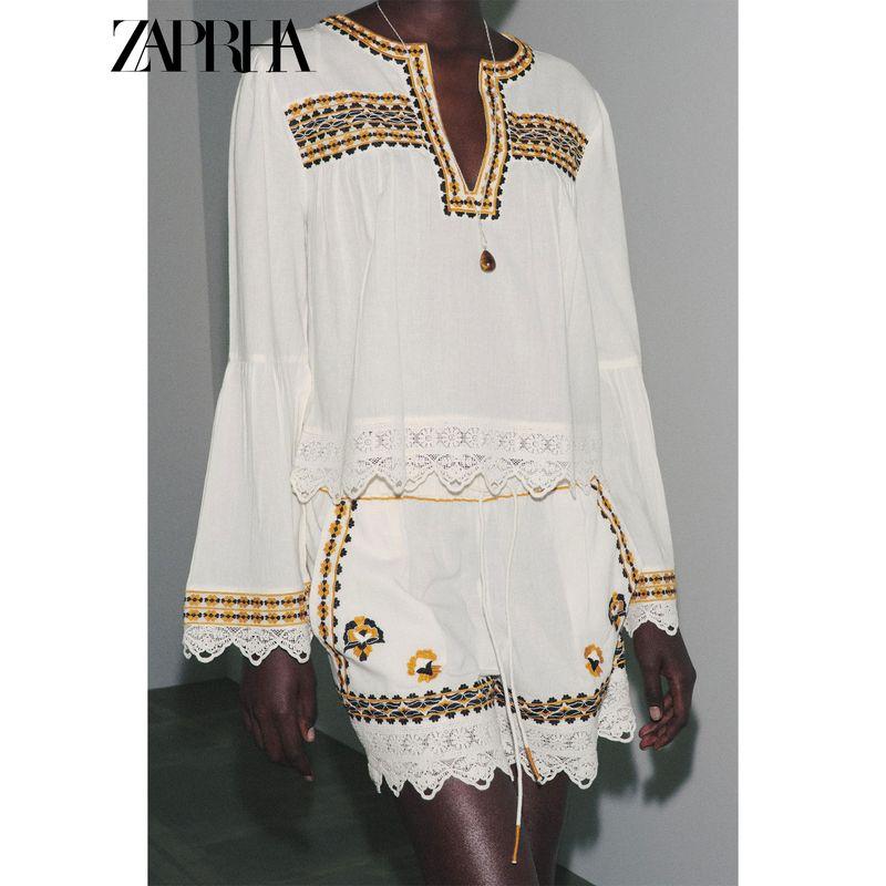 Zaprha 2025 Summer New Fashion Contrast Color Embroidery Design Mid Waist Tether Adjustable Shorts 2903242