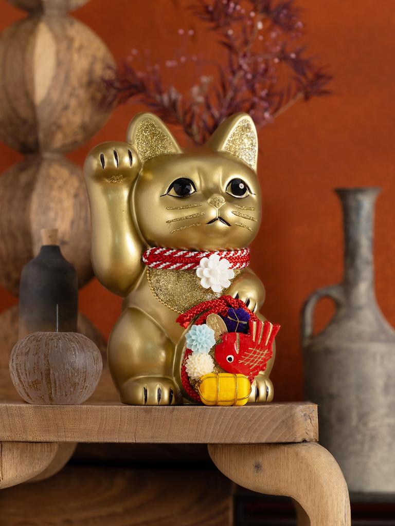 Lucky Cat Waraku Medetai Right Hand Cat Lucky Cat Maneki Cat Lucky Feng Shui Ornament Offerory Box Gold (M-SIZE Gold) Raised/Pottery_Lucky (tai_M