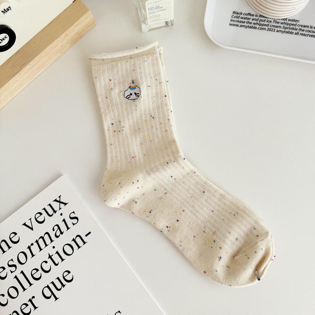 Women's Colorful Polka Dot Cartoon Embroidery Mid-Calf Gauze Socks - Korean Style Cute Rolled Edge