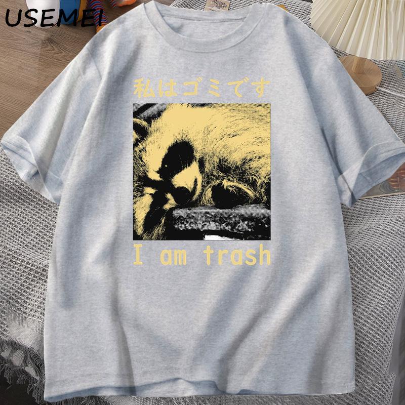 I Am Trash Japanese Raccoon Print Tshirt Harajuku Vintage High Quality Cotton Short Sleeve T-shirt Men's Clothing Top Streetwear