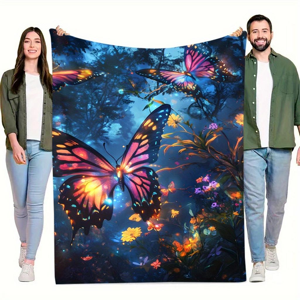 1pc Dream Butterfly Digital Printed Design Blanket - All-Season Soft Flannel Throw with Vibrant Butterfly & Floral Patterns