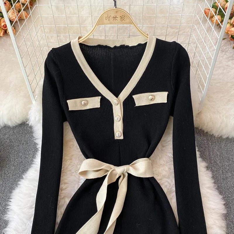 Autumn Elegant Knitting V-neck Long Sleeve Dress Women Fashion Retro Lace Up Bow Dresses Female France Warm Thin Slim Knit Dress New