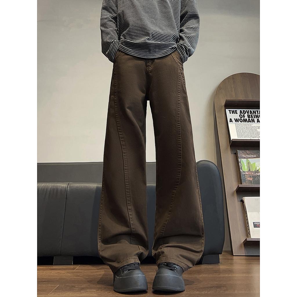 Amerikanische Retro-braune diagonale lässige Latzhose Herren Amerikanische High-Street-Trendmarke Säbelhose gerade Röhre Micro-Stretch-Hose