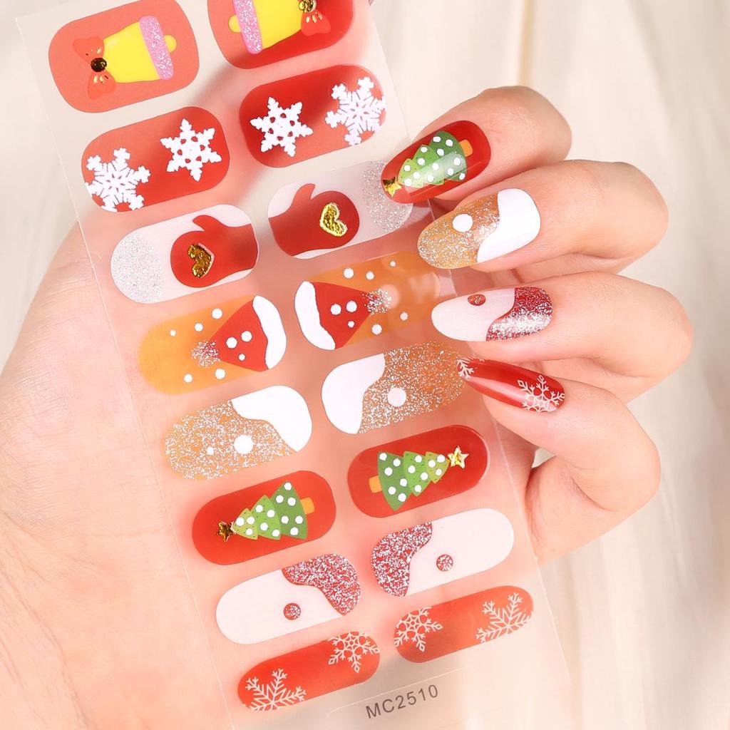 16-Piece European/American Christmas Gel Nail Stickers – No-Bake, French Manicure Style