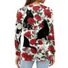 Women's Casual Long Sleeve V-Neck T-Shirt with Halloween Print and Decorative Buttons