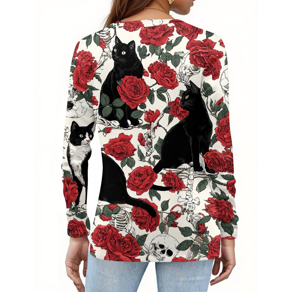 Women's Casual Long Sleeve V-Neck T-Shirt with Halloween Print and Decorative Buttons