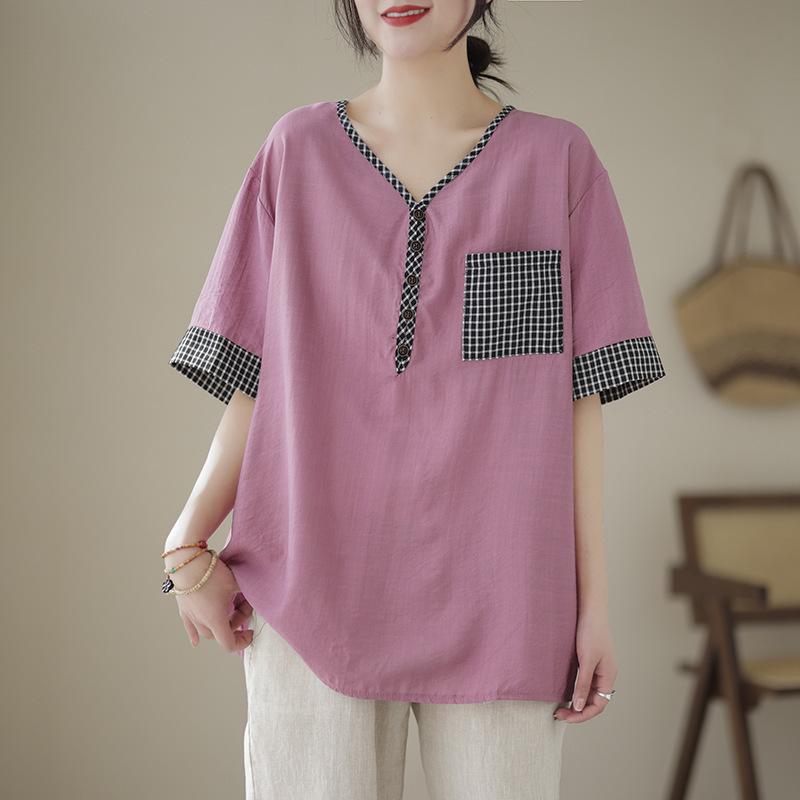 

Летний Новый Стиль Мама Свободный Живот Прикрывающий Женская Одежда Свободная Приталенная Маленькая Рубашка Хлопок Лен V-образный вырез Футболка для Женщин 3XL фиолетовый