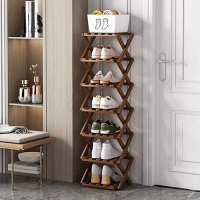 Multi-Tier No-Assembly Shoe Rack Foldable Narrow Bamboo Shoe Shelf Space-Saving Corner Shoe Organizer for Entryway Closet Dorm