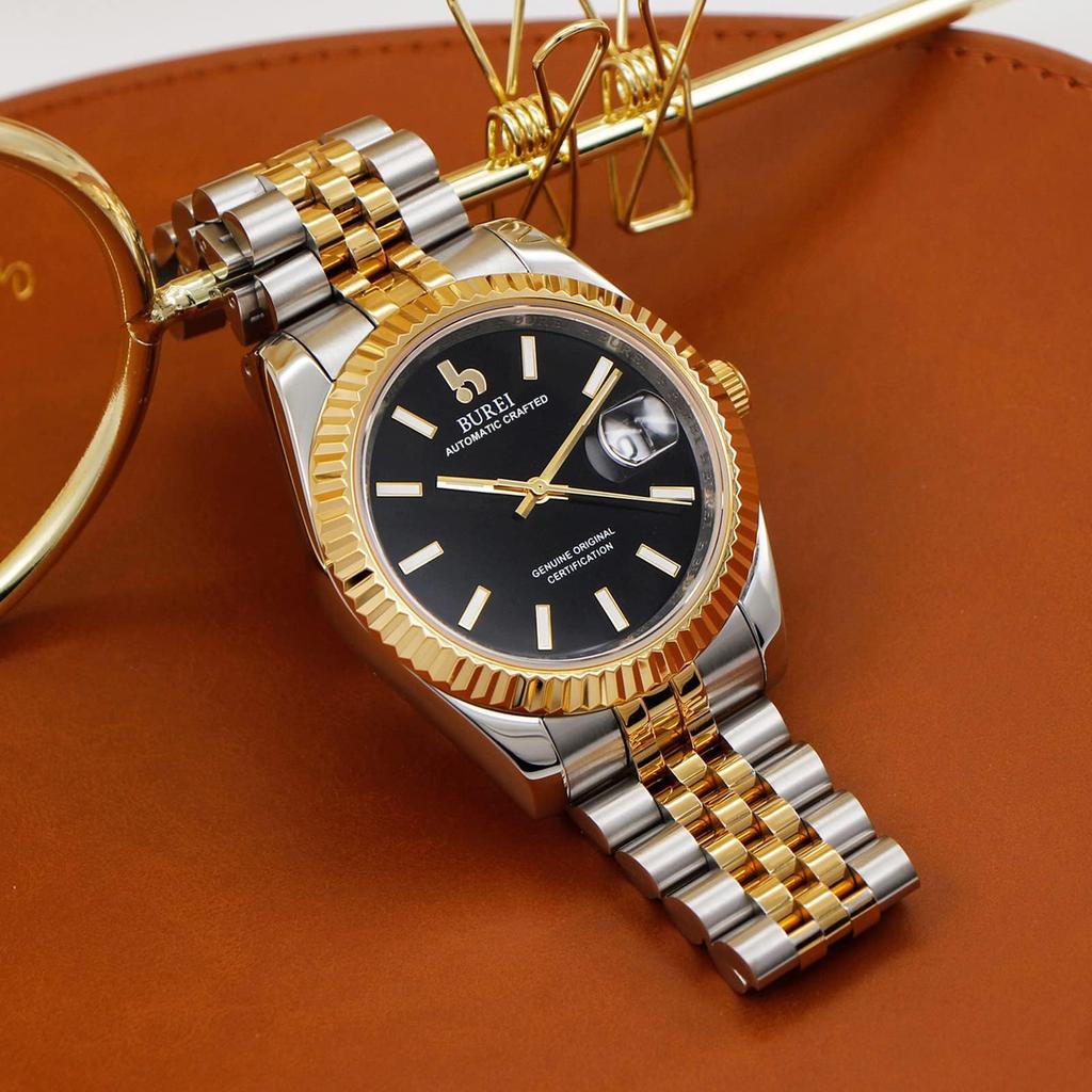 Automatic Mechanical Date Black Watch [BUREI] Men's Watch, Waterproof, Analog, Popular, Business, Display, Gold/Silver, Stylish, Simple, Luminous,