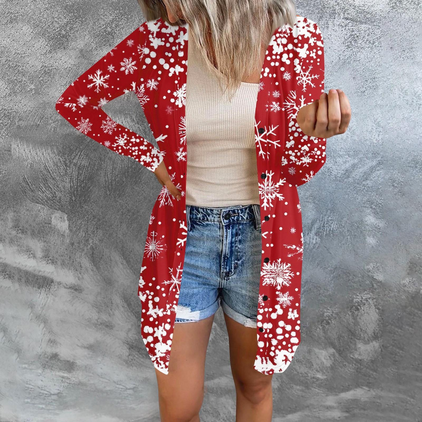 

Длинный рукав Женский ретро принтованный топ Легкий базовый свободный жакет Кардиган Повседневные рубашки Рождество XXXL красный