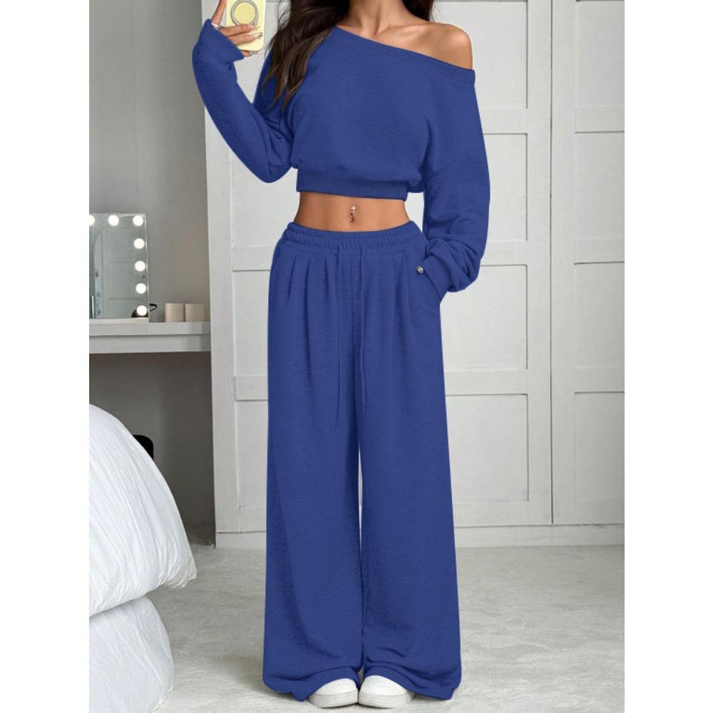 Tuta da Donna Vestibilità Larga Spalle Scoperte Manica Lunga Crop Top Vita Alta Pantaloni Larghi Tuta Due Pezzi