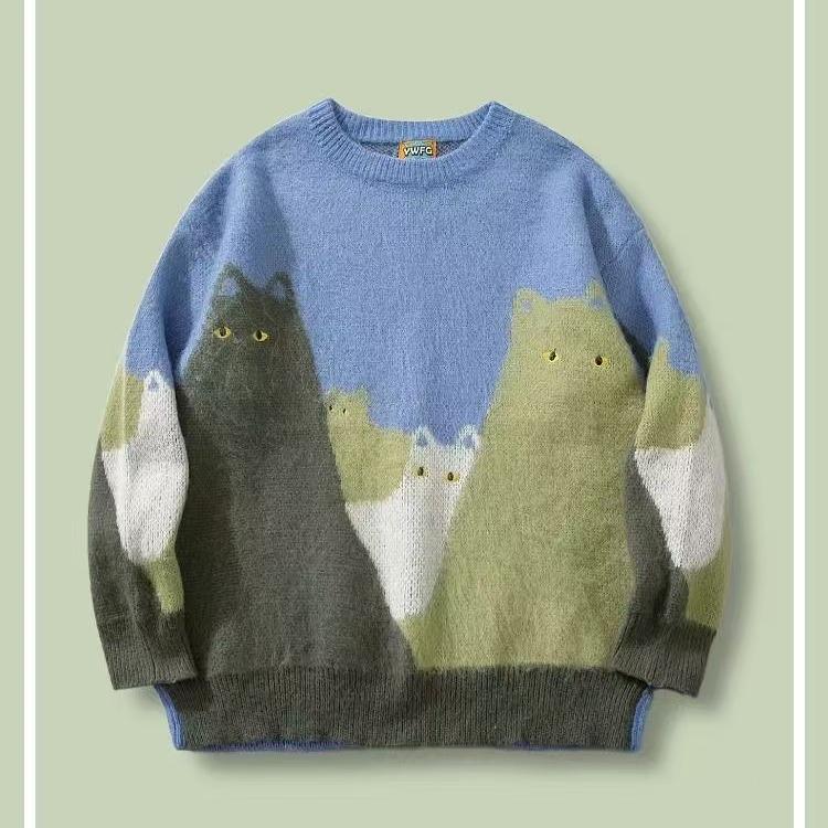 

Европейский и американский осенне-зимний свитер с жаккардовым принтом «Кот»: Свободный повседневный вязаный свитер с длинными рукавами и круглым вырезом XL