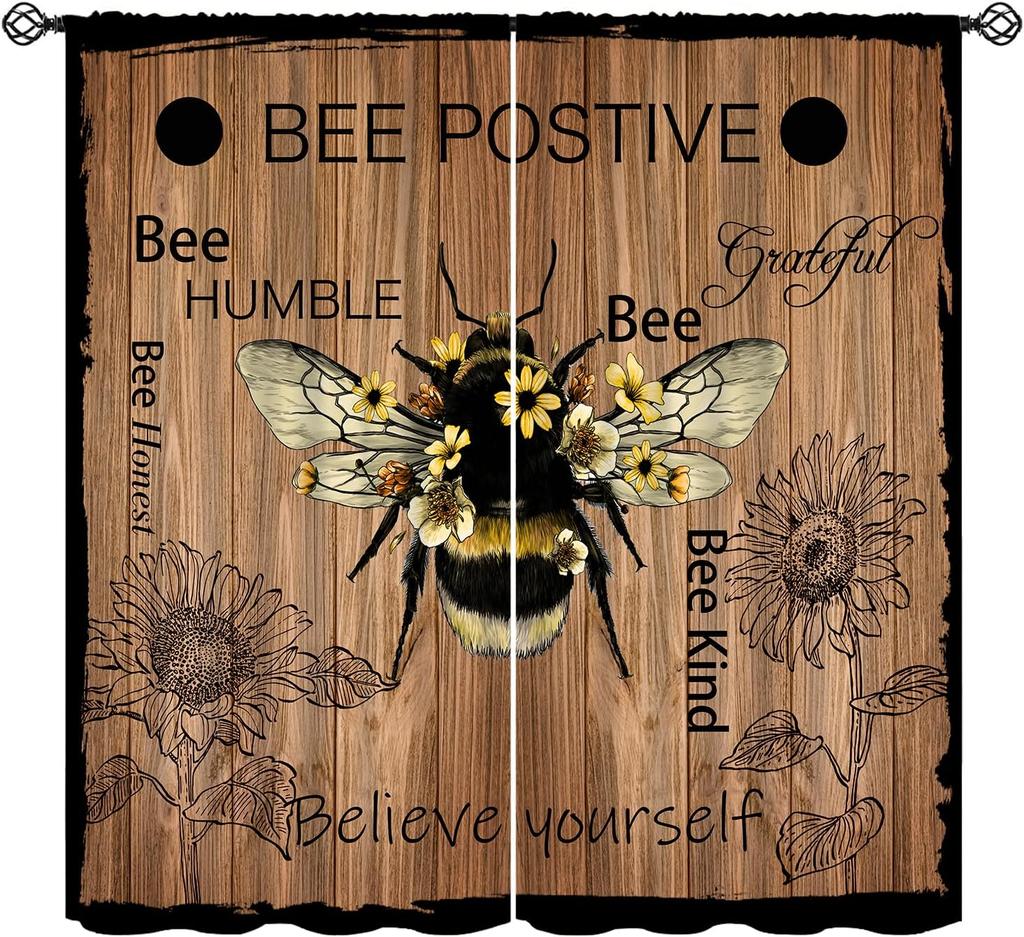 Rustic Honey Bee Curtains Honeycomb Daisy Floral Window Treatments Insulated Drapes Panel Sets Curtain With Rod Pocket Thermal Polyester